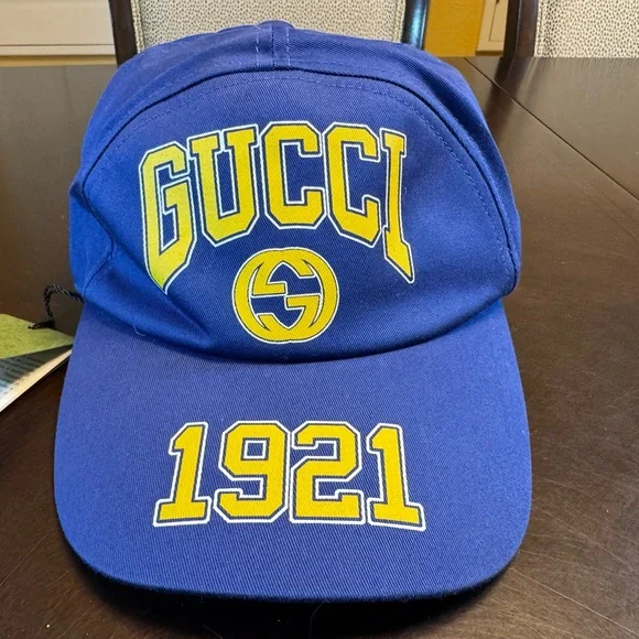 New Gucci GG Logo Blue Yellow Baseball Hat Size L - Picture 4 of 13
